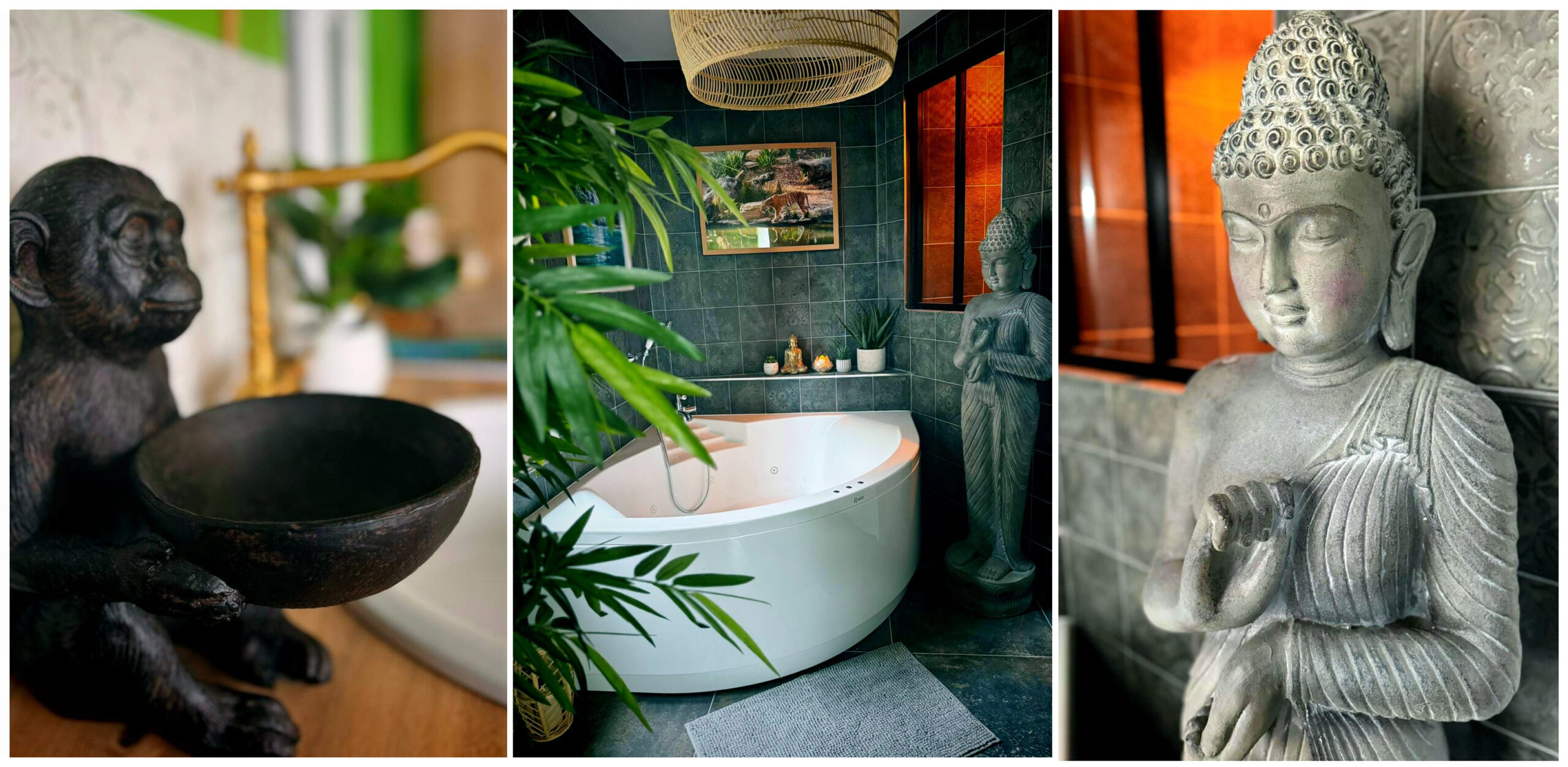 Love room romantique à thème jungle à Evreux avec lit king size, lit à baldaquin, papier peint exotique, écran géant, jacuzzi, plantes, décoration sur-mesure, réservation Airbnb et Booking.