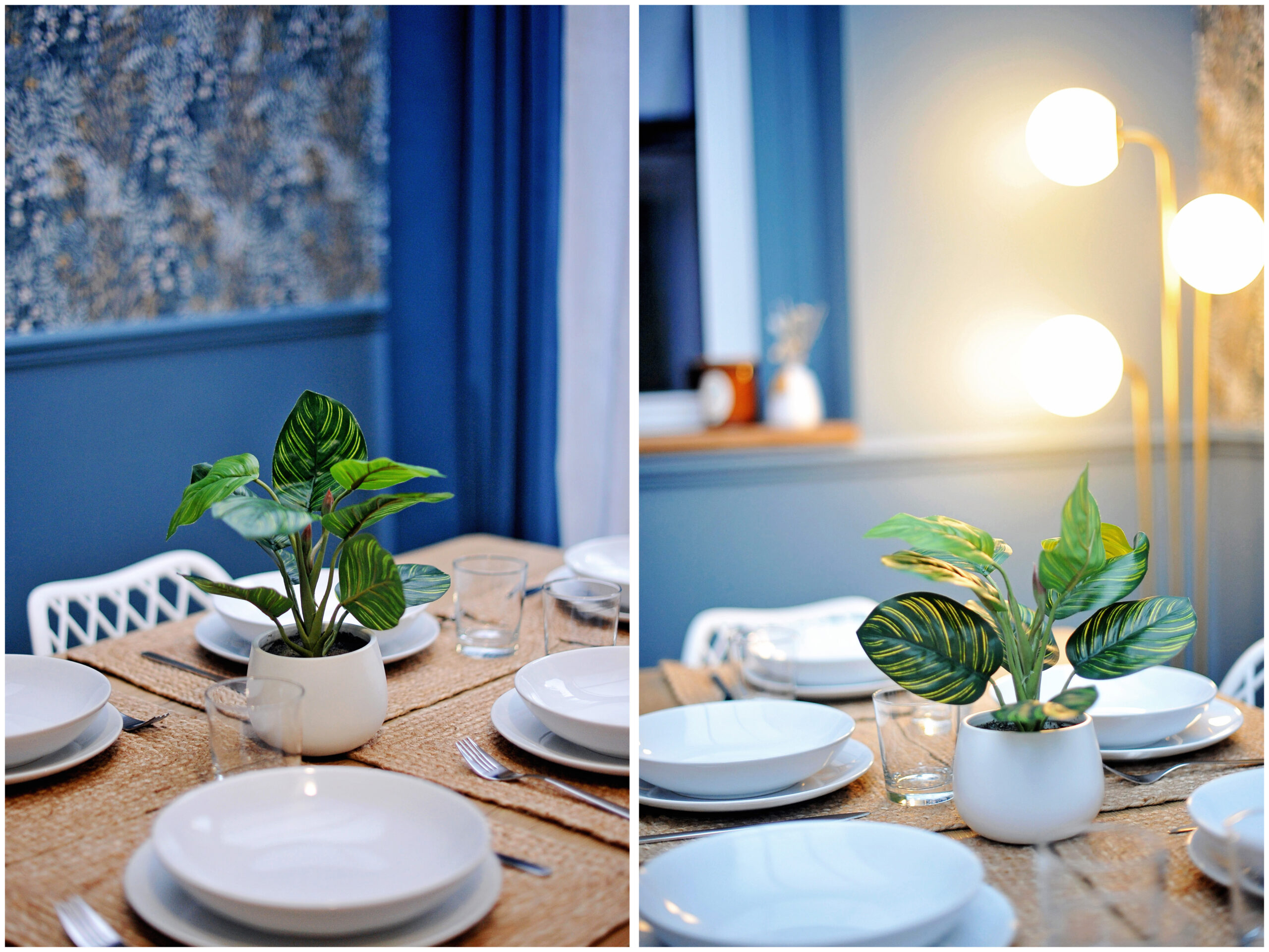 Salle à manger rénovée en colocation, sous verrière, avec une grande table pour six, murs bleu moderne, tapisserie maison bourgeoise et luminaire doré tendance 2025.