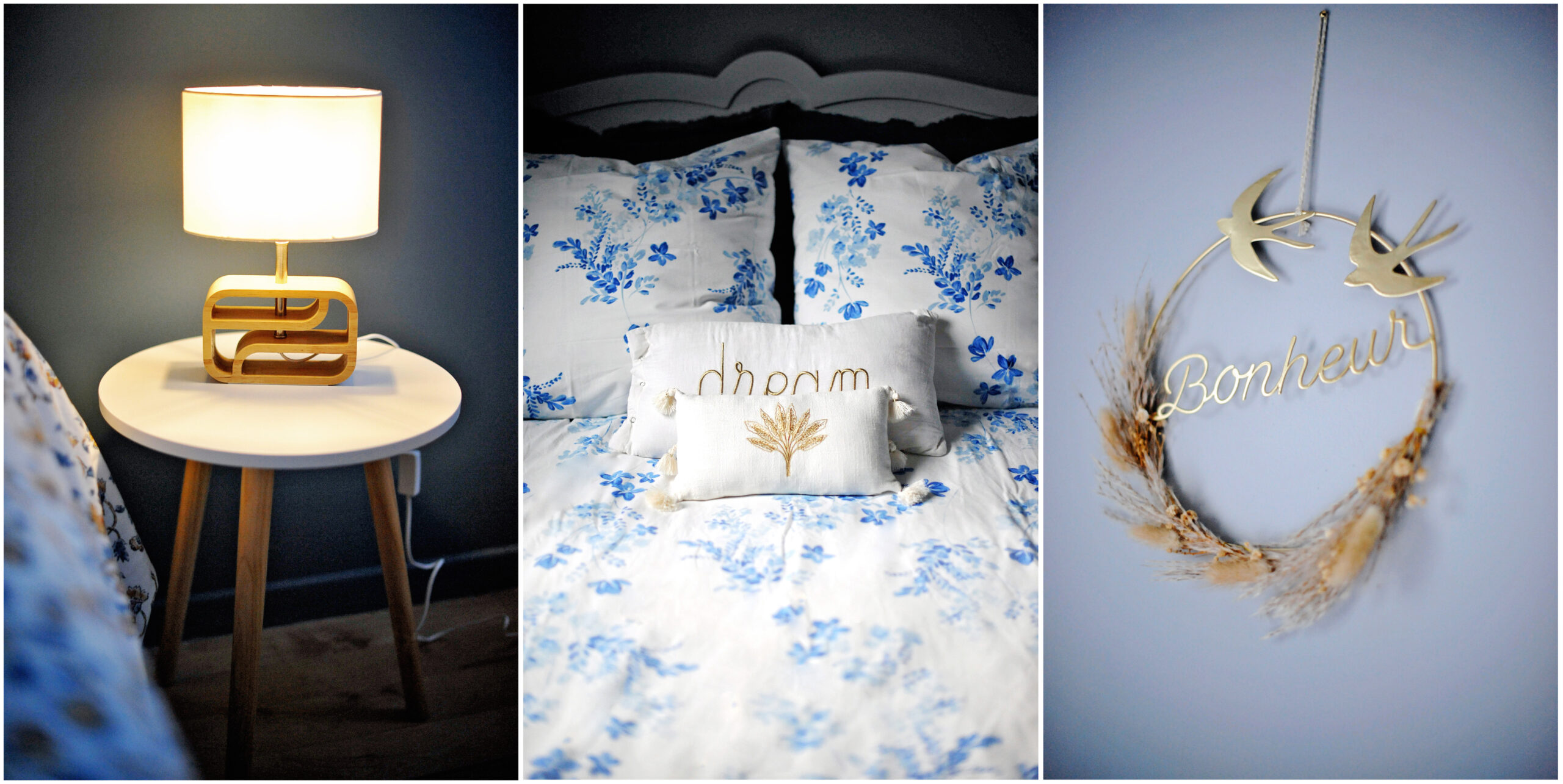 Chambre rénovée en colocation avec un lit coffre pratique, une décoration chaleureuse aux tons bleu et gris, une tête de lit en osier et une ambiance cosy et apaisante.