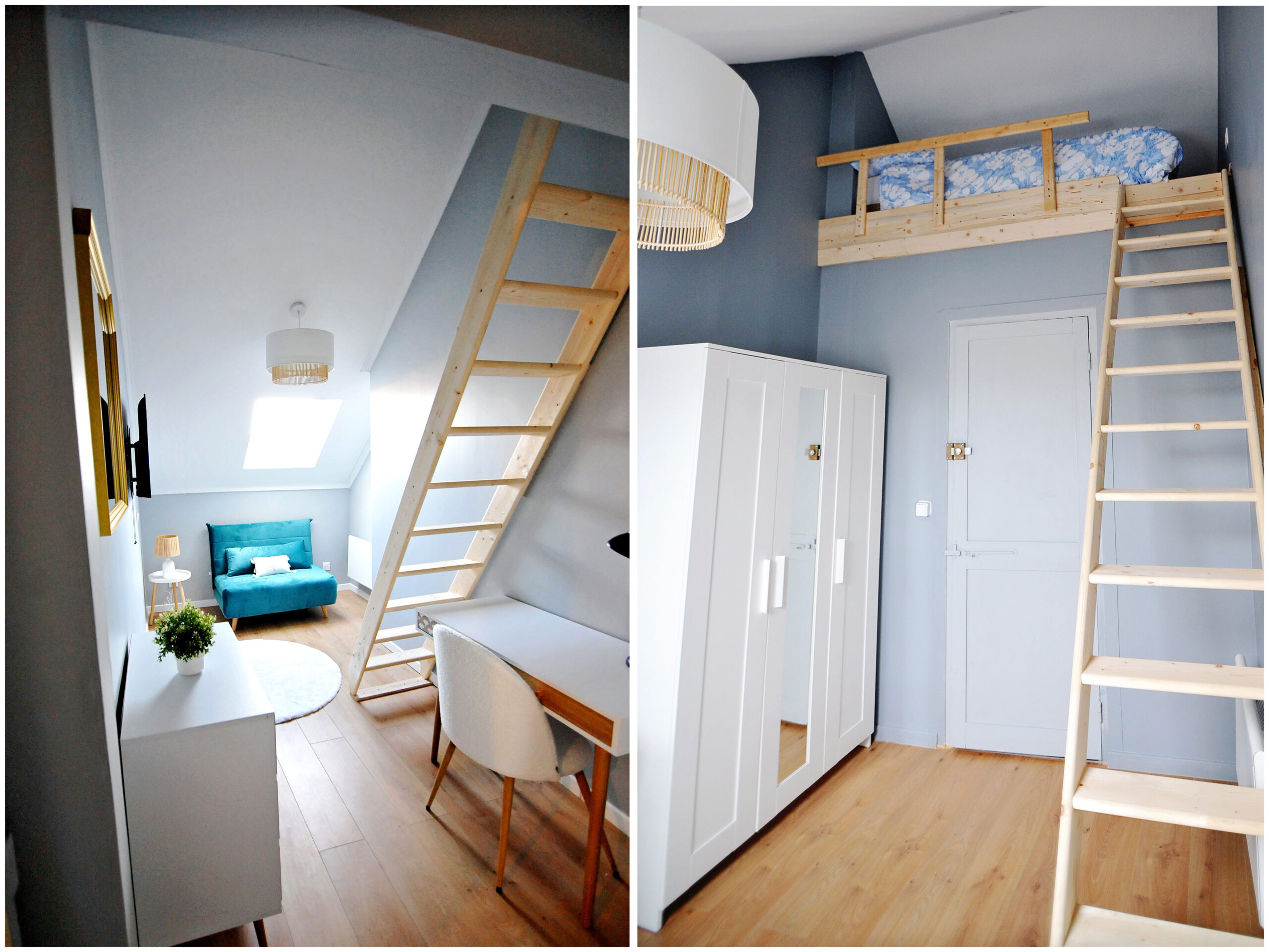 Chambre rénovée en colocation avec un lit coffre pratique, une décoration chaleureuse aux tons bleu et gris, une tête de lit en osier et une ambiance cosy et apaisante.