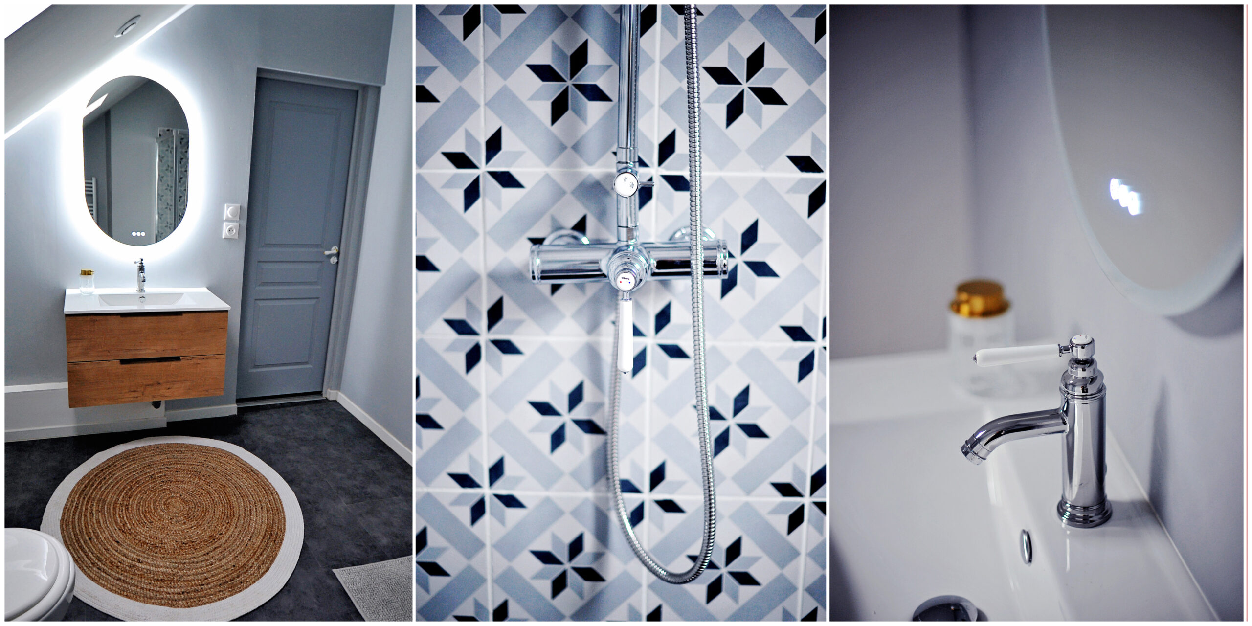 Salle de bain rénovée en colocation, élégante et fonctionnelle, avec douche moderne, meuble vasque et miroir lumineux, ambiance lumineuse et raffinée.