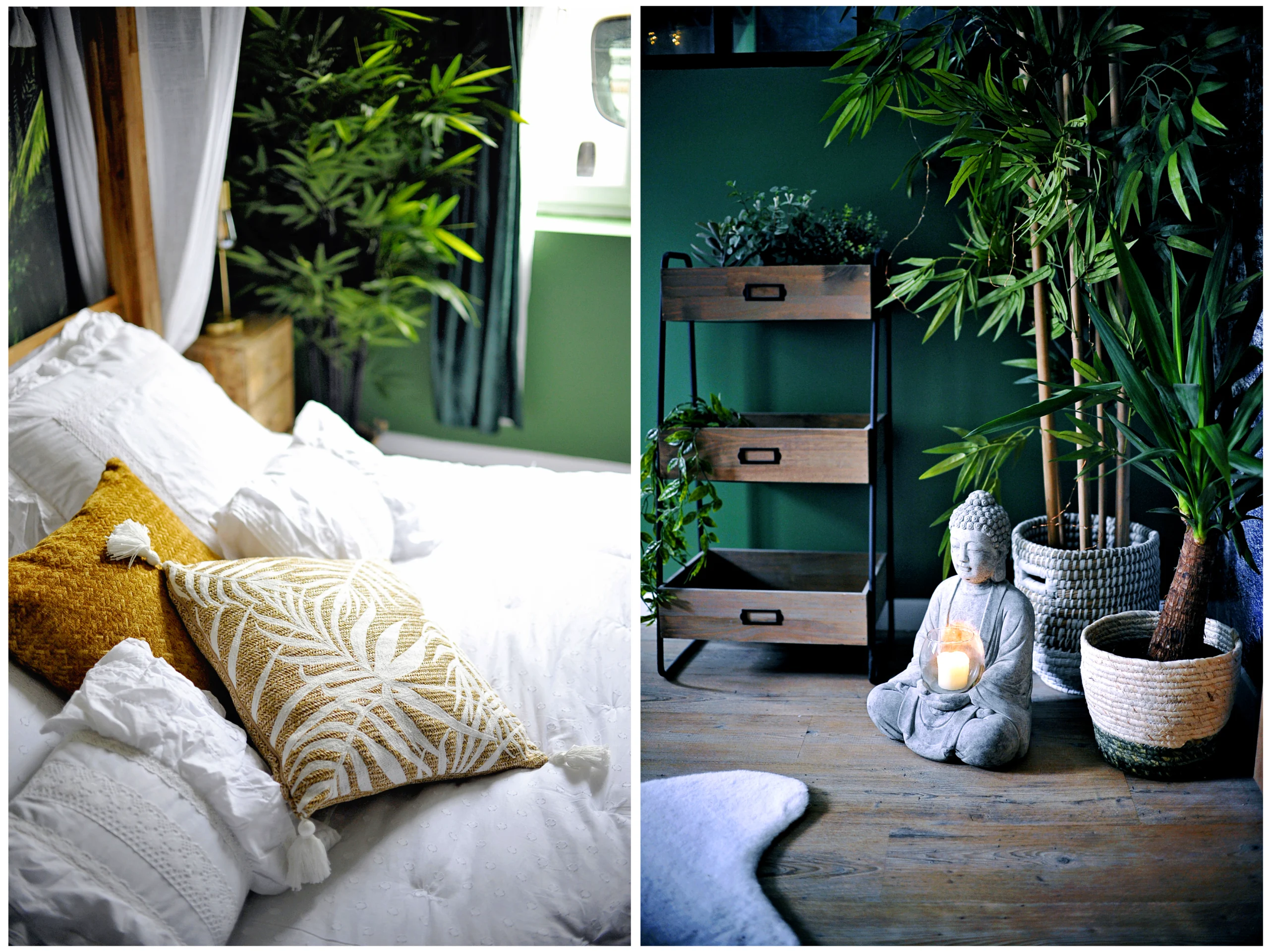 Love room romantique à thème jungle avec lit king size, lit à baldaquin, papier peint exotique, écran géant, jacuzzi, plantes, décoration sur-mesure, réservation Airbnb et Booking.