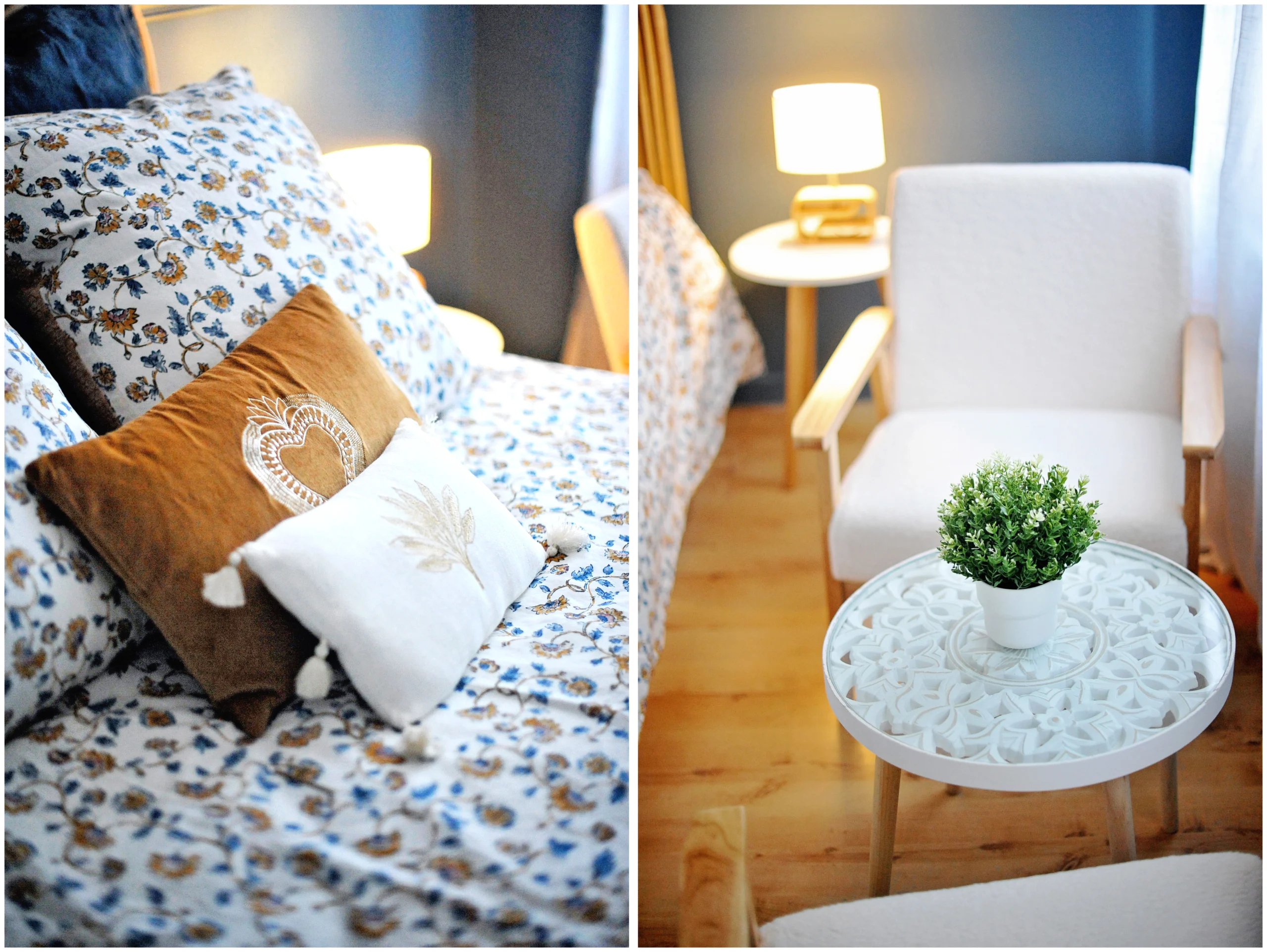 Chambre rénovée en colocation avec un lit coffre pratique, une décoration chaleureuse aux tons bleu et gris, une tête de lit en osier et une ambiance cosy et apaisante.