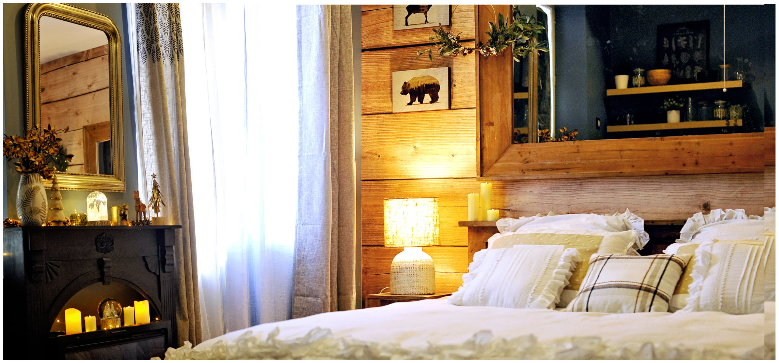 Love room chalet de montagne avec lit king size en bois, jacuzzi, cheminée électrique, coussins en fourrure, bougies, décoration chaleureuse, réservation Airbnb et Booking - Evreux