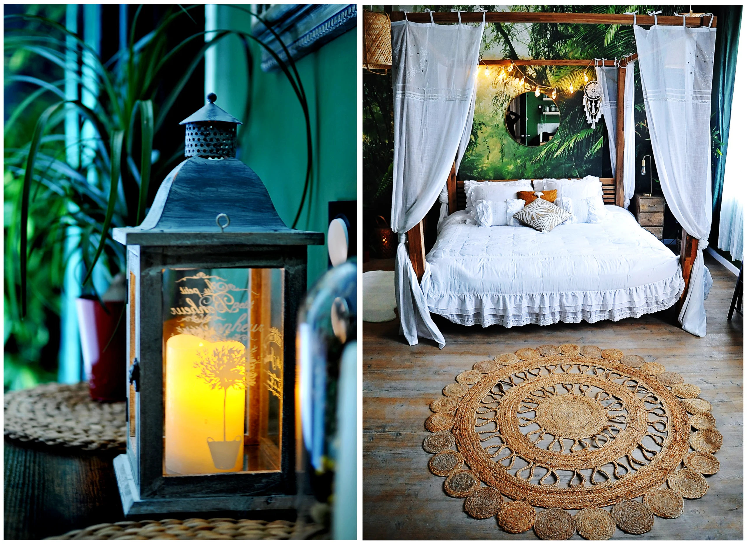 Love room romantique à thème jungle avec lit king size, lit à baldaquin, papier peint exotique, écran géant, jacuzzi, plantes, décoration sur-mesure, réservation Airbnb et Booking.