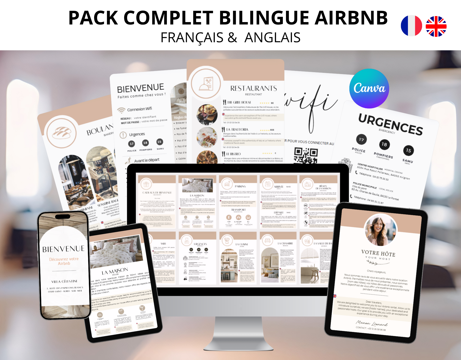 PACK COMPLET AIRBNB Location saisonnière courte durée bilingue français anglais Livret d'accueil